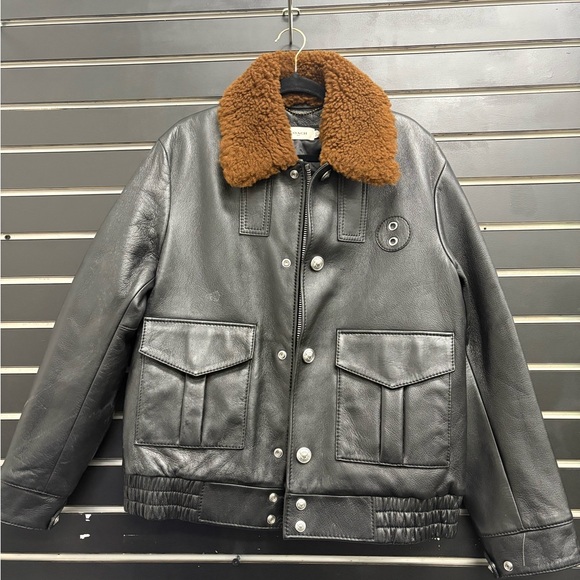 Men's Black Leather Jacket with Brown Collar